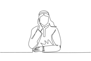 Poster - Continuous one line drawing young Arabian man holding hand on cheek with crossed hand. Bored or tired person keeping hand on face. Male suffering from toothache. Single line draw design vector graphic