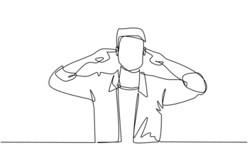 Poster - Continuous one line drawing man covering ears with fingers with annoyed expression for the noise of loud sound or music while eyes closed standing in white background. Single line draw design vector