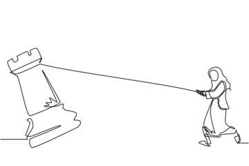 Poster - continuous one line drawing arabian businesswoman pulling big rook chess with rope. business achieve