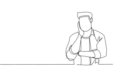 Poster - Continuous one line drawing young man holding hand on cheek with crossed hand. Bored or tired person keeping hand on face. Male suffering from toothache. Single line draw design vector illustration