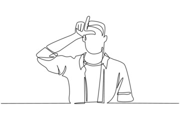 Poster - Single continuous line drawing unhappy man showing loser sign on forehead with fingers. Stressed trendy person gesturing hand over head. Male making 'L' symbol. One line draw graphic design vector
