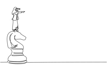 Single continuous line drawing Arabic businesswoman on top of big horse chess piece using telescope looking for success, opportunities, future business trends. One line draw design vector illustration