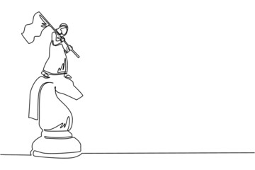 Poster - Continuous one line drawing Arabian businessman standing on top of big horse knight chess and waving a flag. Business achievement goal, metaphor concept. Single line draw design vector illustration