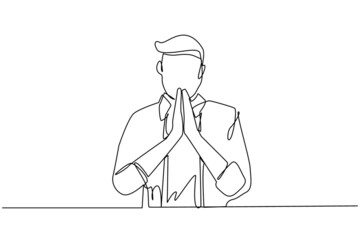 Poster - Single one line drawing young man in closed eyes praying hands together. Trendy person holding palms in prayer. Human emotion, body language. Continuous line draw design graphic vector illustration