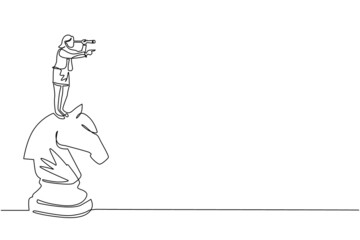 Poster - Single one line drawing active businesswoman on top of big horse chess piece using telescope looking for success, opportunities, future business trends. Continuous line draw design vector illustration
