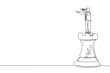 © Simple Line - Continuous one line drawing businessman on top of big rook chess piece using telescope looking for success, opportunities, future business trends. Single line draw design vector graphic illustration