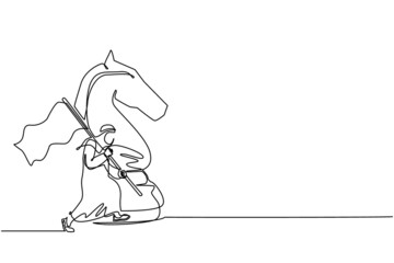 Poster - Continuous one line drawing Arabian businessman running and holding flag beside big horse knight chess. Business achievement goal, metaphor concept. Single line draw design vector graphic illustration