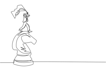 Poster - Single continuous line drawing businessman standing on top of big horse knight chess and waving a flag. Business achievement goal, metaphor concept. One line draw graphic design vector illustration
