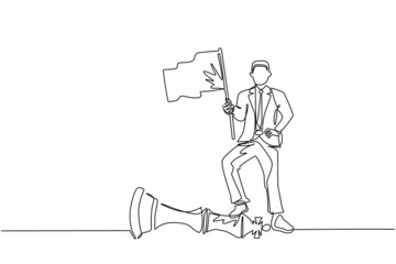 Poster - Continuous one line drawing businessman holding flag, defeat competitors in business as winning chess game. Company strategy success using powerful move for advantage. Single line draw design vector