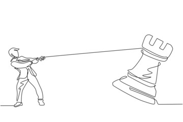 Poster - Continuous one line drawing young businessman pulling big rook chess with rope. Business achievement goal, strategy, competitive, strategic concept. Single line draw design vector graphic illustration