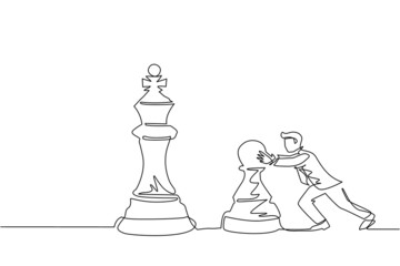 Poster - Single continuous line drawing young businessman push huge pawn chess piece. Business strategy and marketing plan. Strategic move in business concept. One line draw graphic design vector illustration