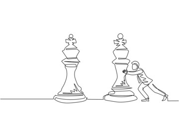 Poster - single one line drawing young businessman push huge king chess piece. business strategy and marketin