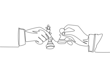 Poster - Single continuous line drawing two man's hands with king and pawn chess pieces. Vintage engraving stylized drawing. Sport, competition, competitive. One line draw graphic design vector illustration
