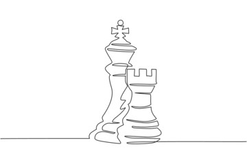 Wall Mural - Single one line drawing rook and king chess logo. Set of emblems and signs for chess sport tournament. Successful challenge isolated. Modern continuous line draw design graphic vector illustration