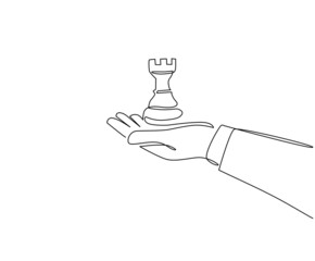 Poster - continuous one line drawing hand holding rook chess figure. business strategy management. partnershi
