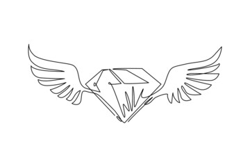 Wall Mural - Single continuous line drawing winged diamond for jewelry, royalty, boutique, hotel, heraldic and fashion. Wings and diamond shapes symbol. Dynamic one line draw graphic design vector illustration