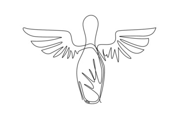 Poster - Continuous one line drawing bowling pin with wings sign icon. White bowling target on white background. Night bright advertisement. Sport and leisure activity. Single line draw design vector graphic