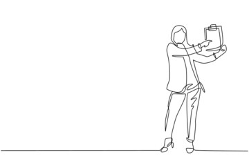 Poster - Continuous one line drawing office workers standing with clipboards. Woman in formal wear. Young businesswoman cartoon character in flat style. Single line draw design vector graphic illustration