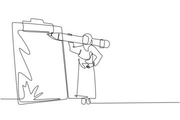 Poster - Single one line drawing Arabian businesswoman with giant pencil on her shoulder nearby marked checklist on clipboard paper. Successful completion of business tasks. Continuous line draw design vector