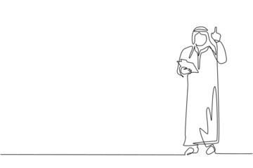 Poster - continuous one line drawing arabian businessman wearing traditional clothes holding clipboard and po
