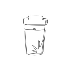 Poster - Single continuous line drawing coffee paper cup template with cardboard holder and plastic lid. Disposable takeout cafe package. Takeaway craft pack. One line draw graphic design vector illustration