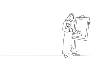 Poster - Single one line drawing Arab businessman holding clipboard with checklist. Business success completed plan. Goal achievements planning schedule concept. Continuous line draw design vector illustration