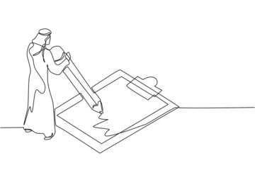 Poster - Continuous one line drawing Arab businessman filled out questionnaire. Man standing near big checklist. Male with pencil writes test on clipboard. Single line draw design graphic vector illustration