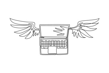 Poster - Continuous one line drawing laptop with wings flying in the sky. Cloud computing concept. Laptop computers with wings flying toward the 