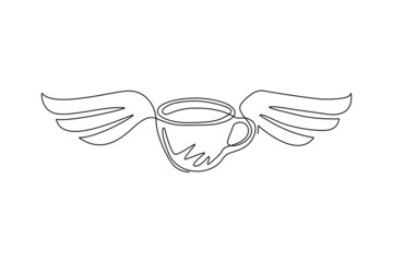 Poster - Single one line drawing cup of coffee with wings. Idea for advertising coffee drinks, business card, branding and corporate identity. Modern continuous line draw design graphic vector illustration