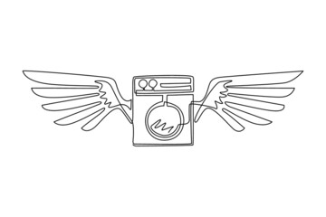 Poster - Single continuous line drawing modern laundry machine with wings. Electric clothing wash and cleaning service. Editable design for shop, store, business company. Dynamic one line draw graphic vector