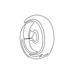 Poster - Continuous one line drawing car tires with alloy wheel rim, tire fitting service and sale advertisement poster. Disk car wheel tyre flat isolated. Single line draw design vector graphic illustration