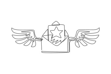 Poster - single continuous line drawing flying opened mail envelope with star image and wings. read incoming 