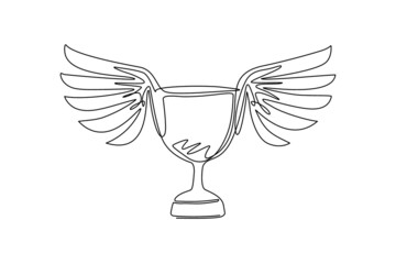 Poster - continuous one line drawing winning trophy with wings design, winner first position competition succ