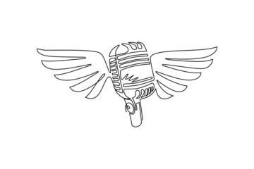 Poster - Single continuous line drawing creative mic with wings. Karaoke music with microphone, wings. Entertainment, music concept for retro banner or poster. One line draw graphic design vector illustration