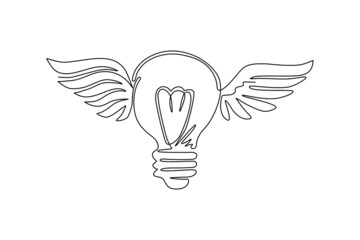 Poster - Continuous one line drawing flying bulbs with wings. Flat icon isolated. Imagination, fantasy icon. Knowhow sign. New business idea. Invention logo. Single line draw design vector graphic illustration