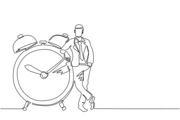 Poster - Single one line drawing businessman, manager or employee stand leaning to big clock. Concept of time management. Time, watch, limited offer, deadline symbol. Continuous line draw design graphic vector
