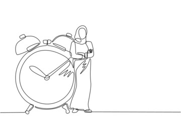 Poster - Single one line drawing Arab businesswoman, manager or employee stand leaning to big clock. Concept of time management. Time, watch, limited offer, deadline symbol. Continuous line draw design vector