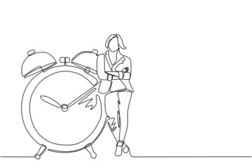 Poster - Single one line drawing cute businesswoman, manager or employee stand leaning to big clock. Concept of time management. Time, watch, limited offer, deadline symbol. Continuous line draw design vector