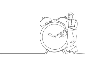 Poster - Continuous one line drawing Arabian businessman, manager or employee stand leaning to big clock. Concept of time management. Time, watch, limited offer, deadline symbol. Single line draw design vector