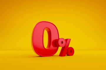 Red zero percent or 0% special offer on yellow background. 3d render illustration