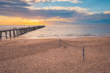 Beach Volleyball Area At Port Noarlunga With Jetty On The Background, South Australia
