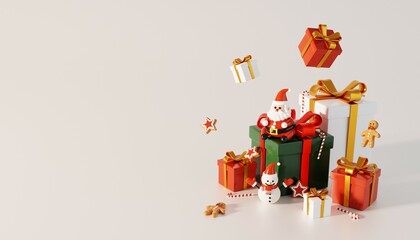 Wall Mural - Santa Claus sitting on gift boxes with snowman and gingerbread son white background. Holiday Christmas new year concept. 3d rendering