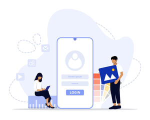 Vector Illustration, Ui UX design Concept, Showing people creates a custom design for a mobile application, Suitable for landing page, UI, web, App intro card, editorial, flyer, and banner