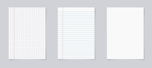 Set of realistic blank sheets of square and lined paper