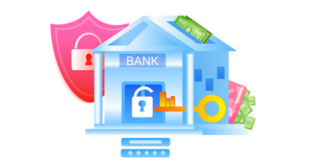 Poster - bank building under protection big security shield full coverage property insurance safe payment