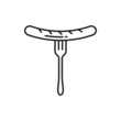 German food snack isolated grilled hot sausage on fork thin line icon. Vector meat barbeque wurst, grilled fastfood. Roasted frankfurter or bratwurst on fork, chicken or meat, pork or veal dish