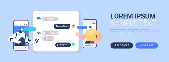 Poster - man chatting with chatbot robotic assistant by voice messages audio chat mobile app artificial intelligence