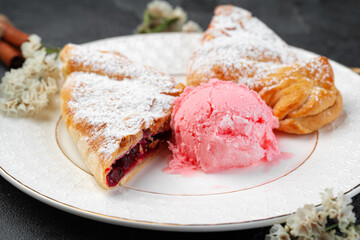 Wall Mural - Classic shtrudel dessert with ice cream on white plate