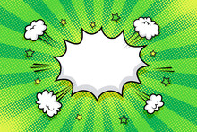 Pop Art Comic Pattern. Halftone Starburst Background. Green Dotted Print With Speech Bubble And Smoke Clouds. Cartoon Vintage Texture. Duotone Banner With Half Tone Effect. Vector Illustration.