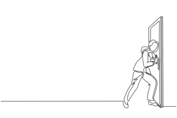 Poster - Continuous one line drawing young businesswoman running wants to break down the door. Business struggle. Strength for success. Opening closed doors. Single line draw design vector graphic illustration